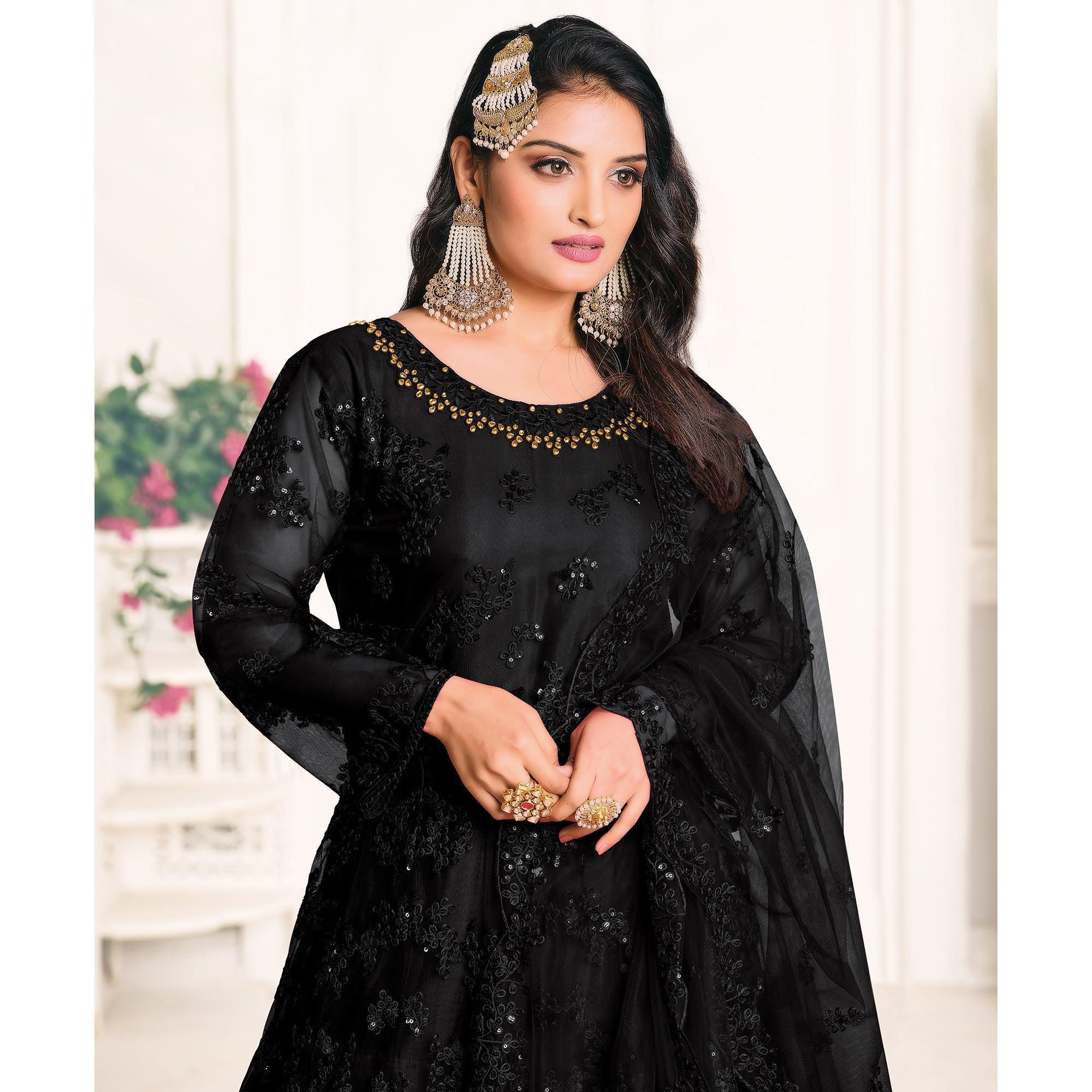 Black Embroidered Netted Anarkali Style Gown - Peachmode
