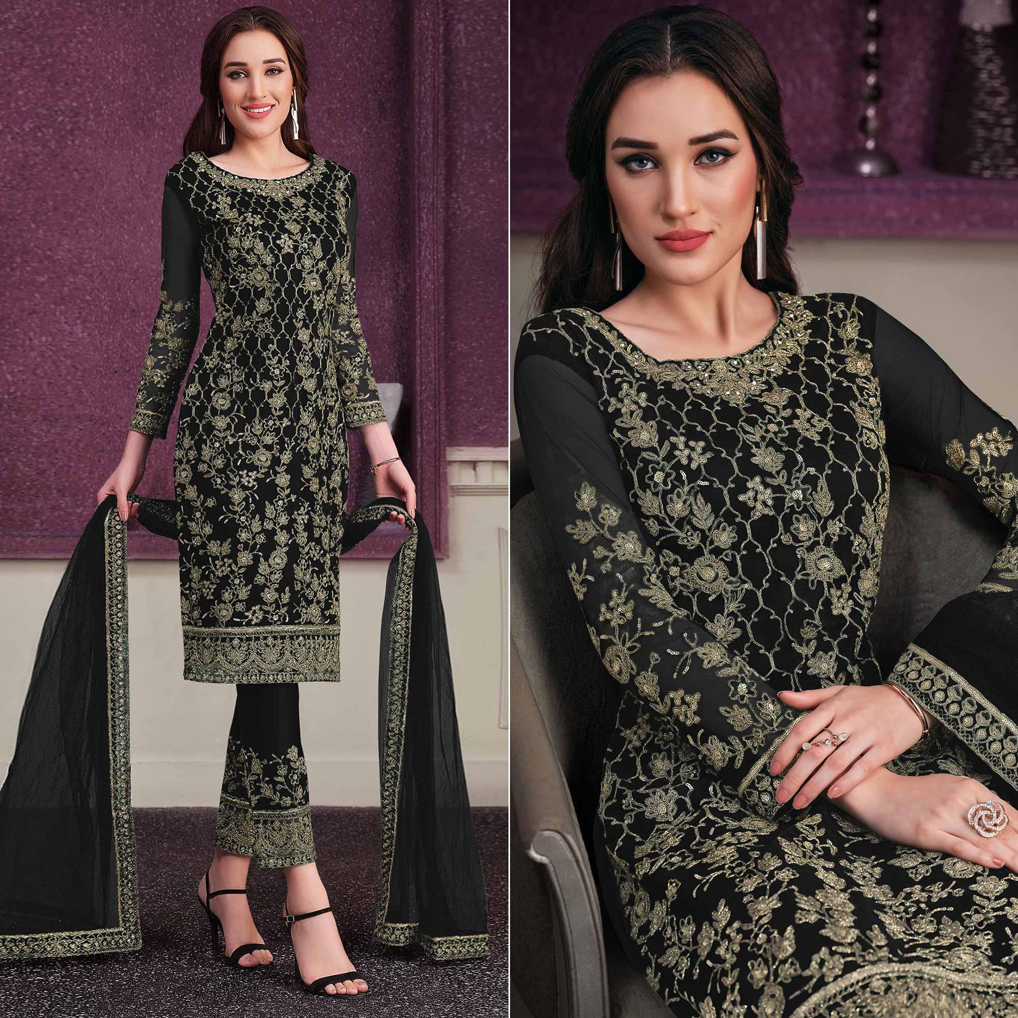 Black Embroidered Netted Suit - Peachmode