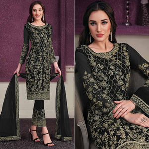 Black Embroidered Netted Suit - Peachmode