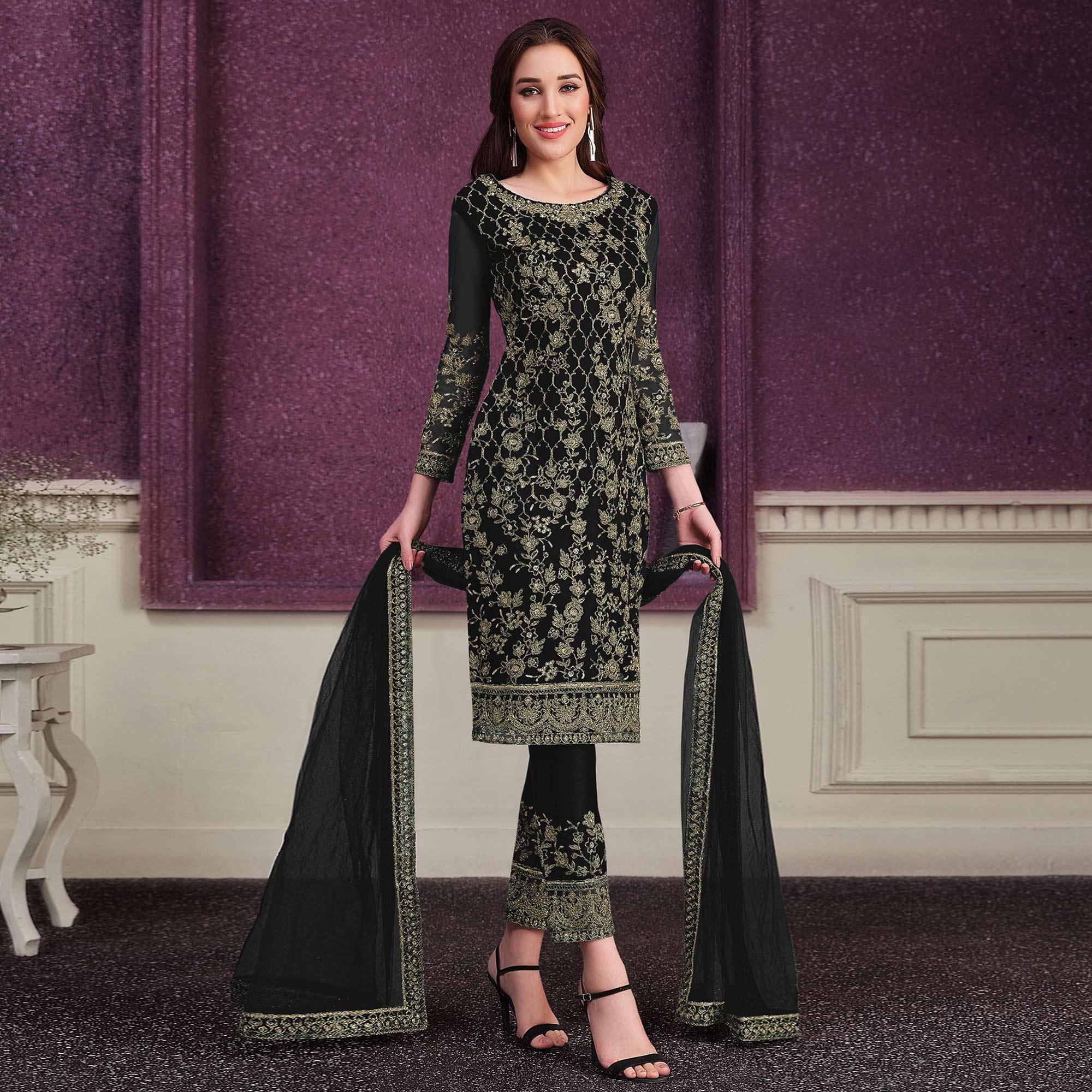 Black Embroidered Netted Suit - Peachmode