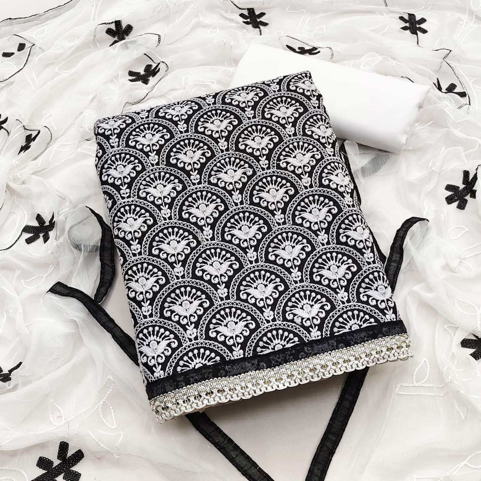 Black Embroidered Poly Cotton Dress Material - Peachmode