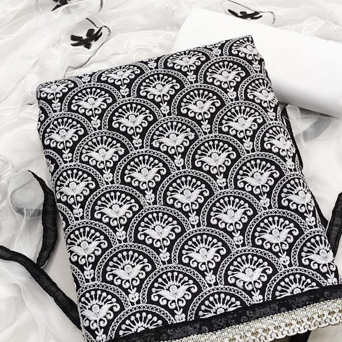 Black Embroidered Poly Cotton Dress Material - Peachmode