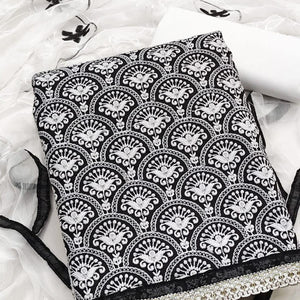 Black Embroidered Poly Cotton Dress Material - Peachmode