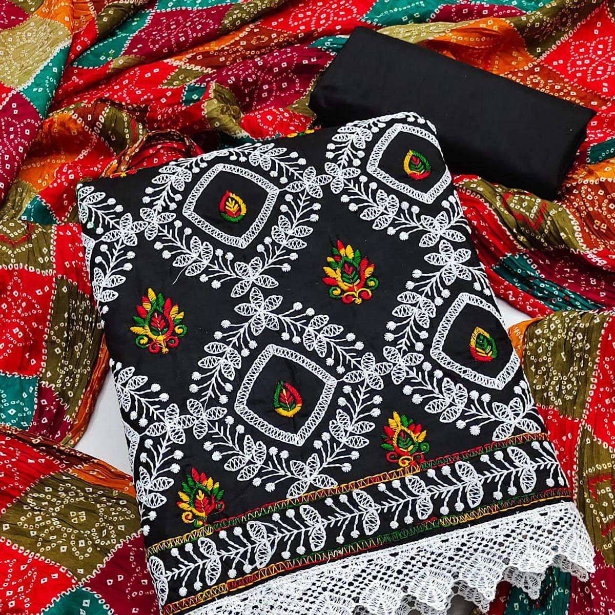 Black Embroidered Poly Cotton Dress Material - Peachmode