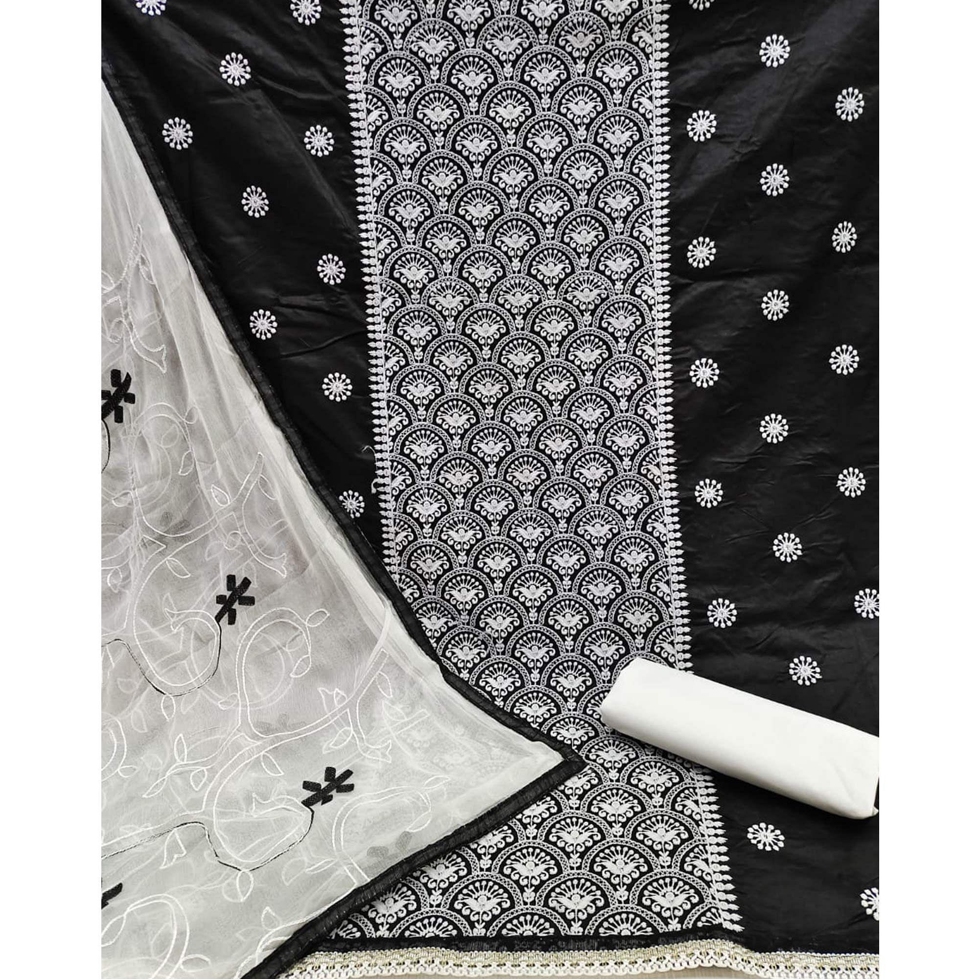 Black Embroidered Poly Cotton Dress Material - Peachmode