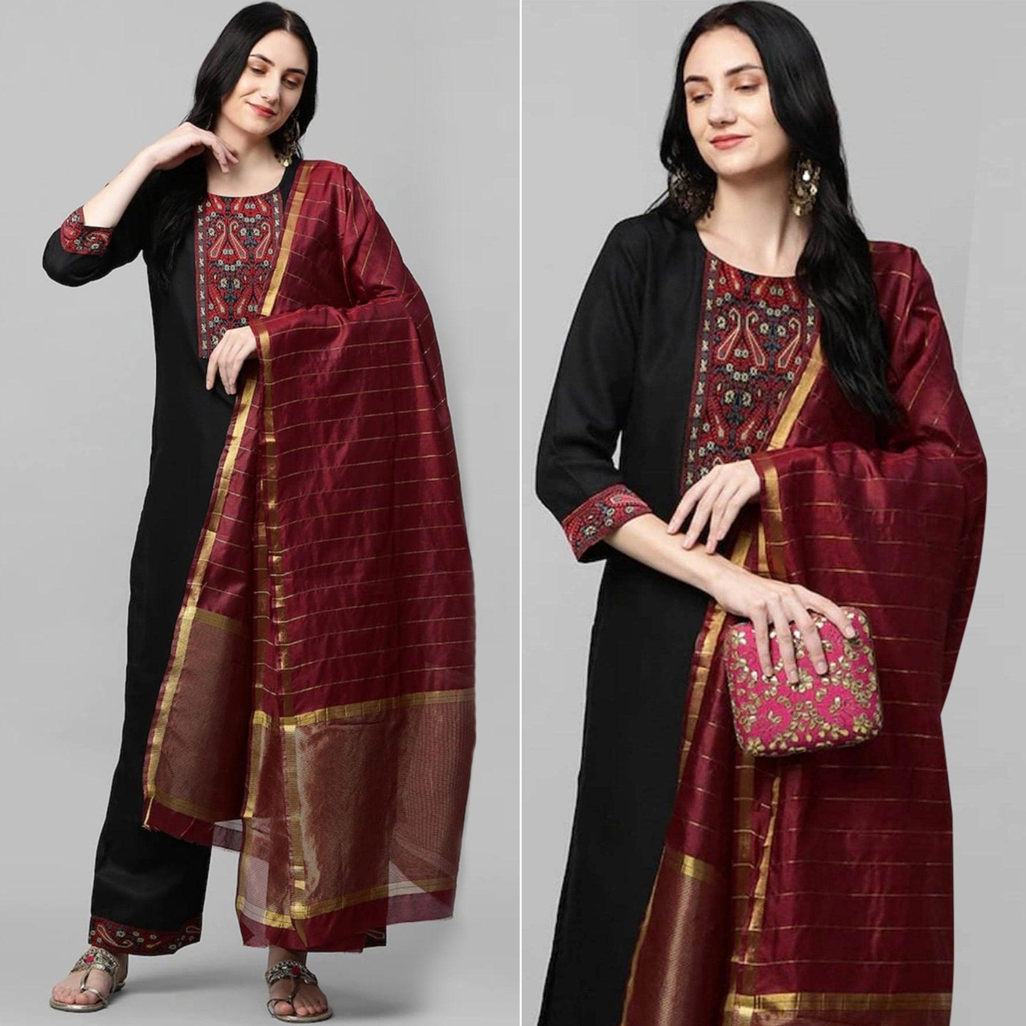 Black Embroidered Poly Cotton Kurti Pant Set With Dupatta - Peachmode