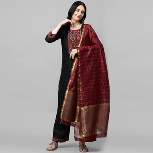 Black Embroidered Poly Cotton Kurti Pant Set With Dupatta - Peachmode