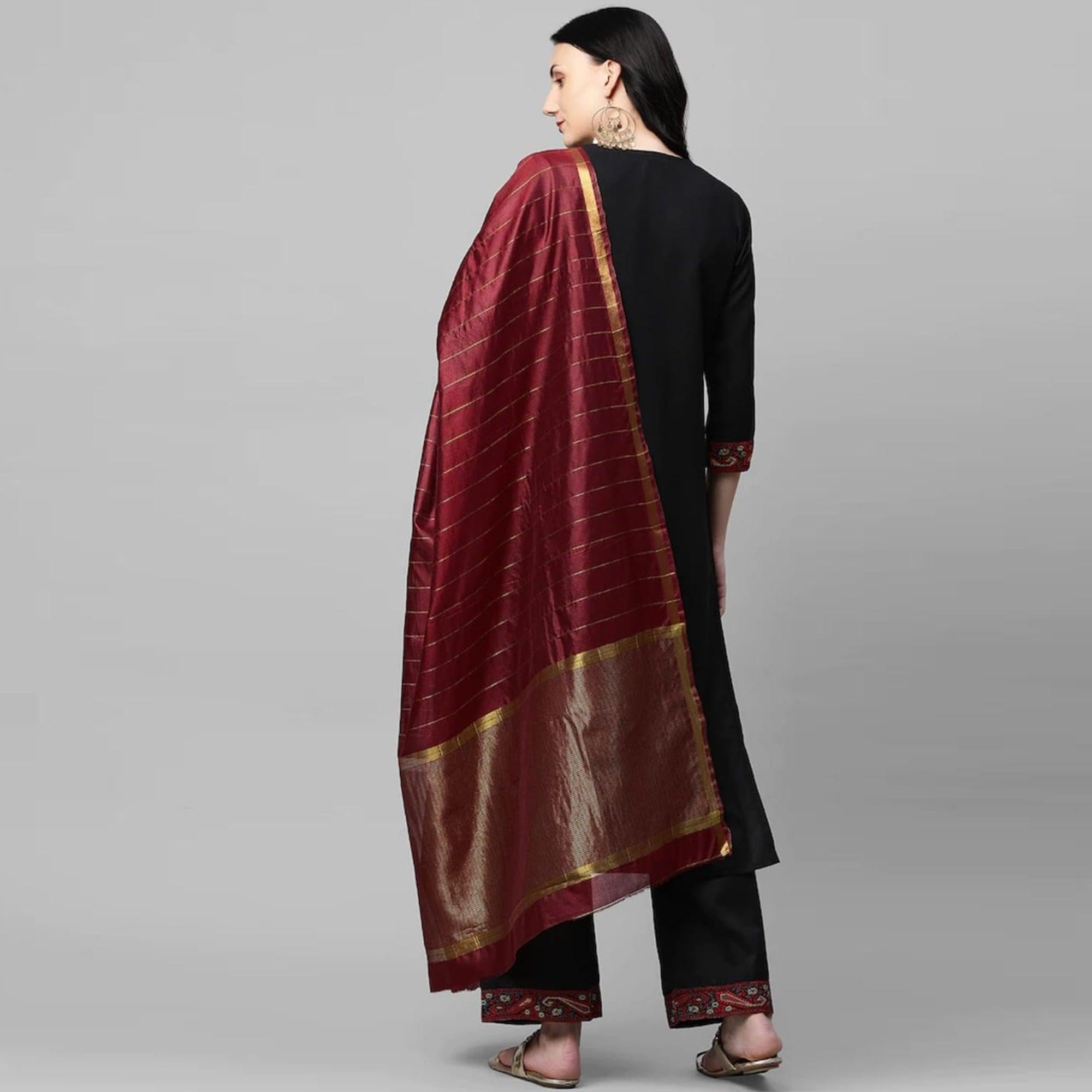 Black Embroidered Poly Cotton Kurti Pant Set With Dupatta - Peachmode