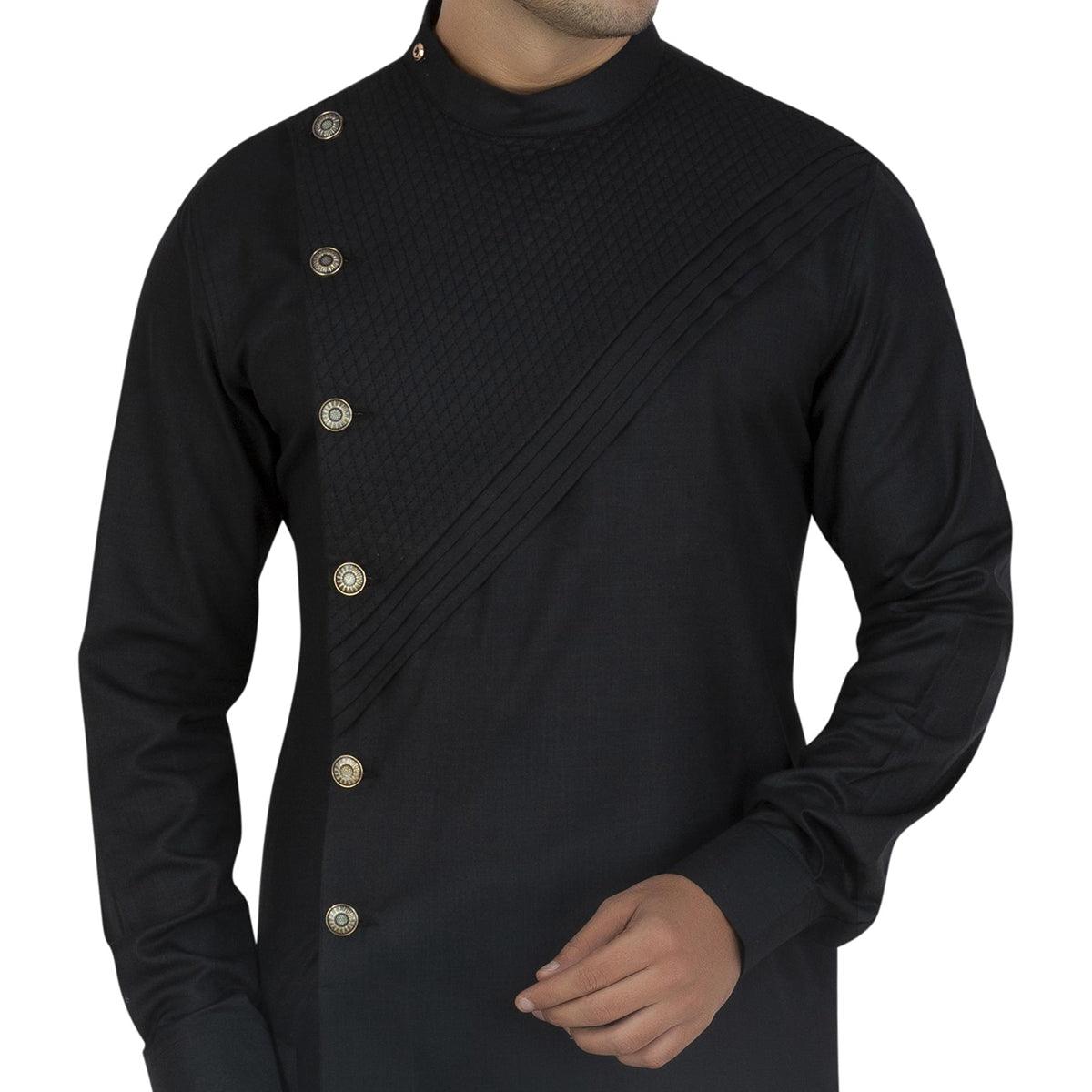 Black Embroidered Poly Cotton Men's Kurta Pyjama Set - Peachmode