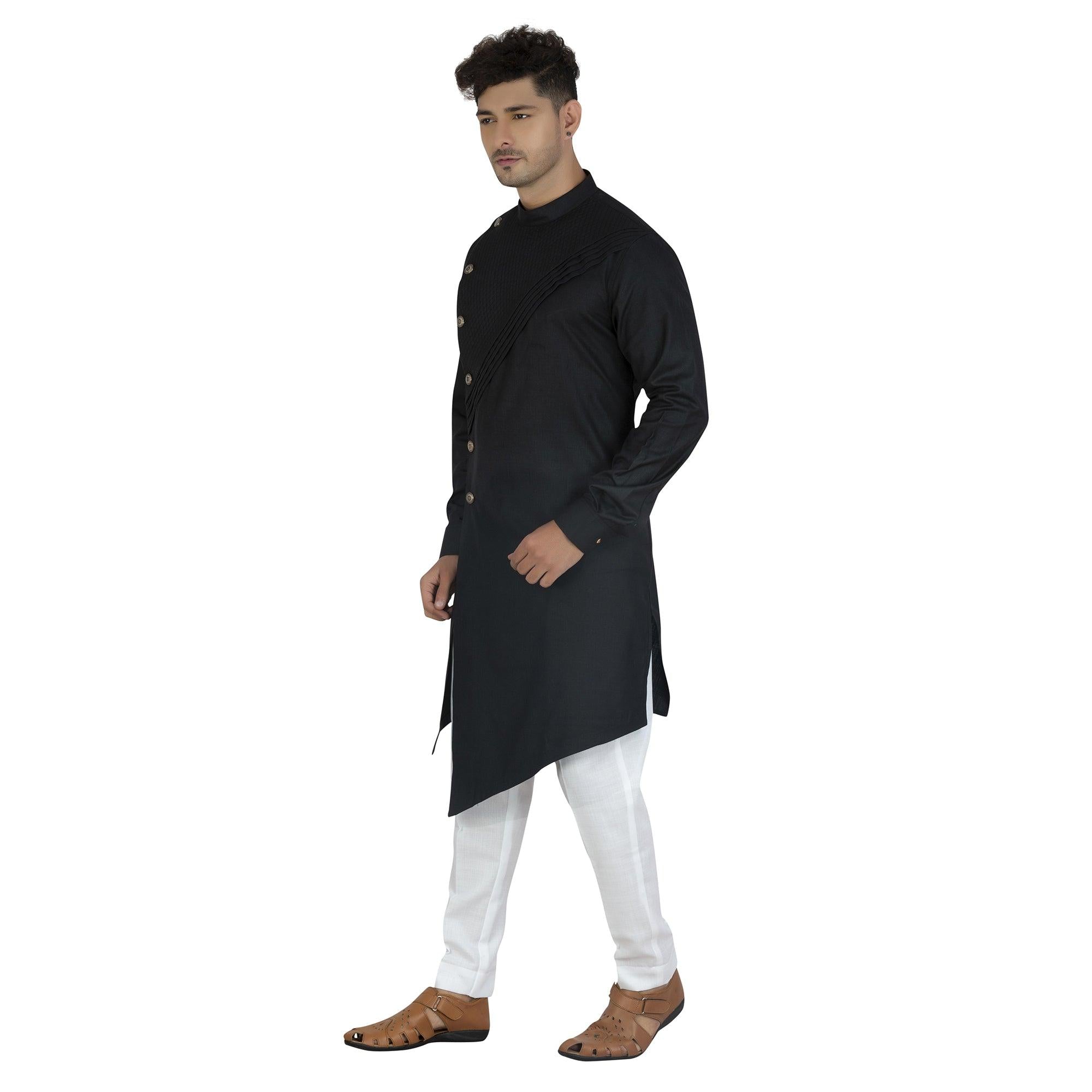 Black Embroidered Poly Cotton Men's Kurta Pyjama Set - Peachmode
