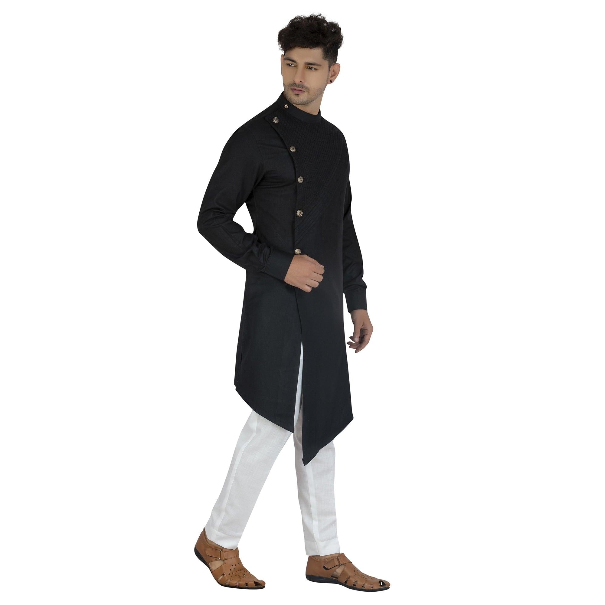Black Embroidered Poly Cotton Men's Kurta Pyjama Set - Peachmode