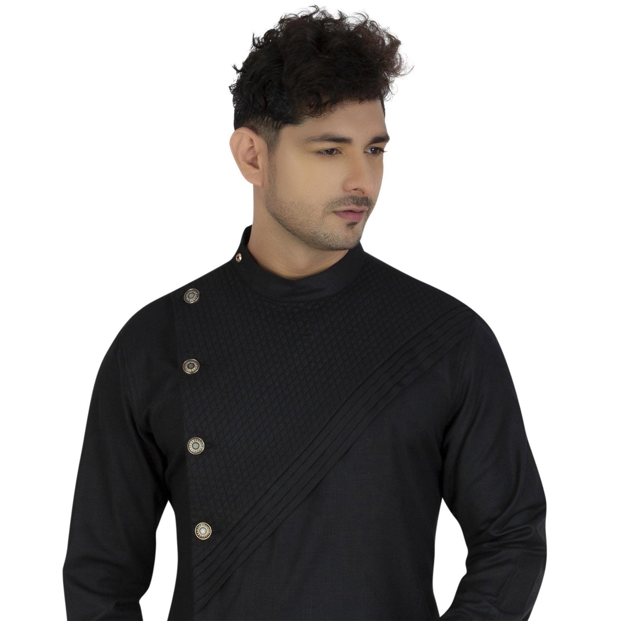 Black Embroidered Poly Cotton Men's Kurta Pyjama Set - Peachmode