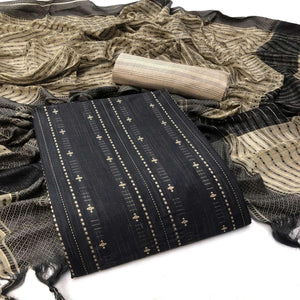 Black Embroidered Pure Cotton Dress Material - Peachmode