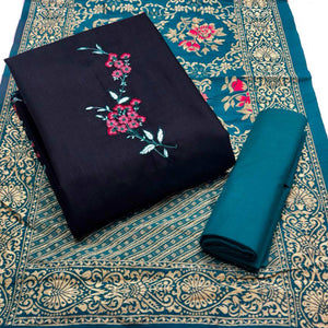 Black Embroidered Pure Cotton Dress Material - Peachmode