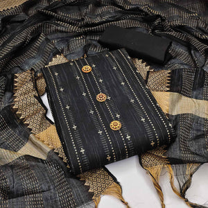 Black Embroidered Pure Cotton Dress Material - Peachmode