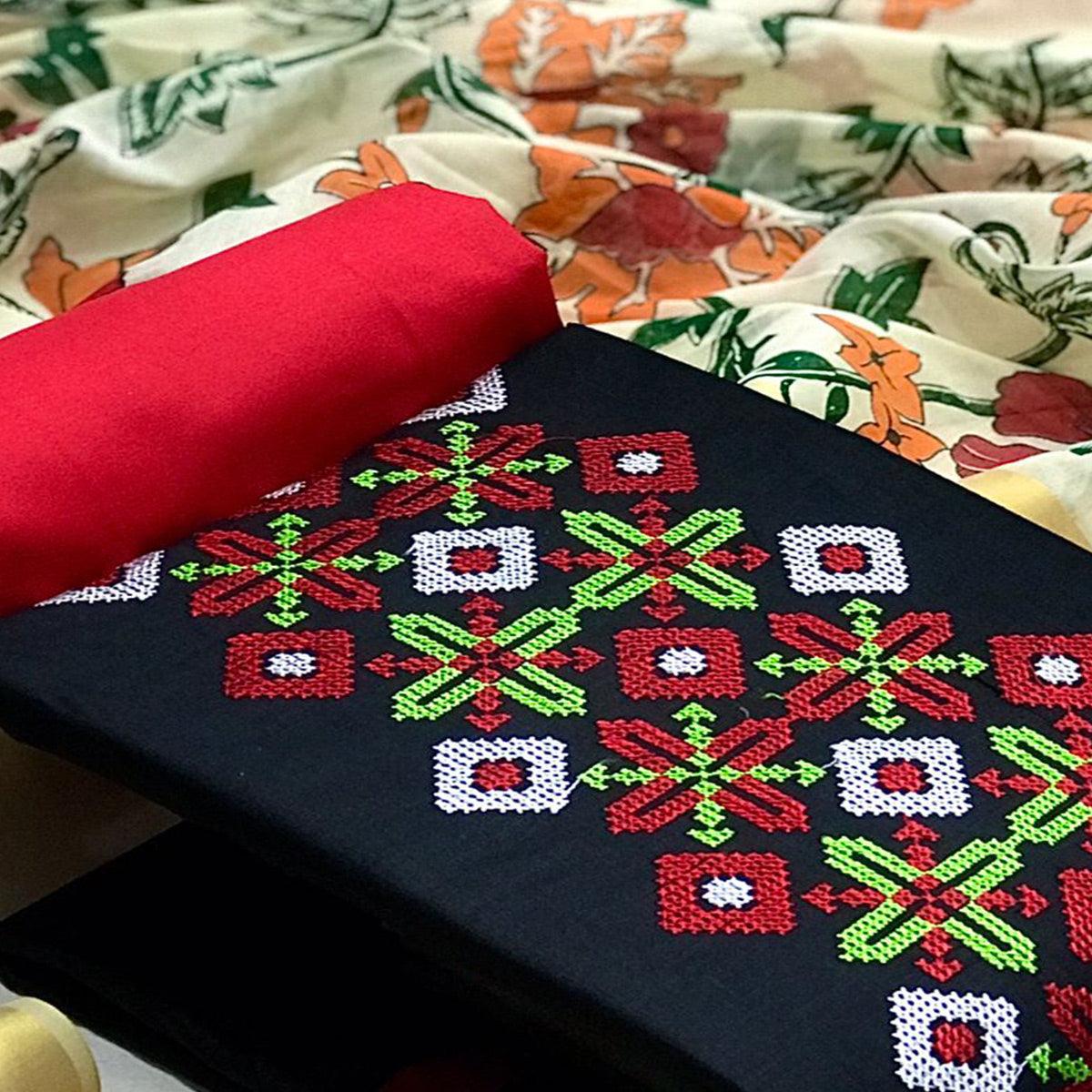 Black Embroidered Pure Cotton Dress Material - Peachmode