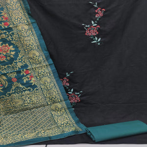 Black Embroidered Pure Cotton Dress Material - Peachmode