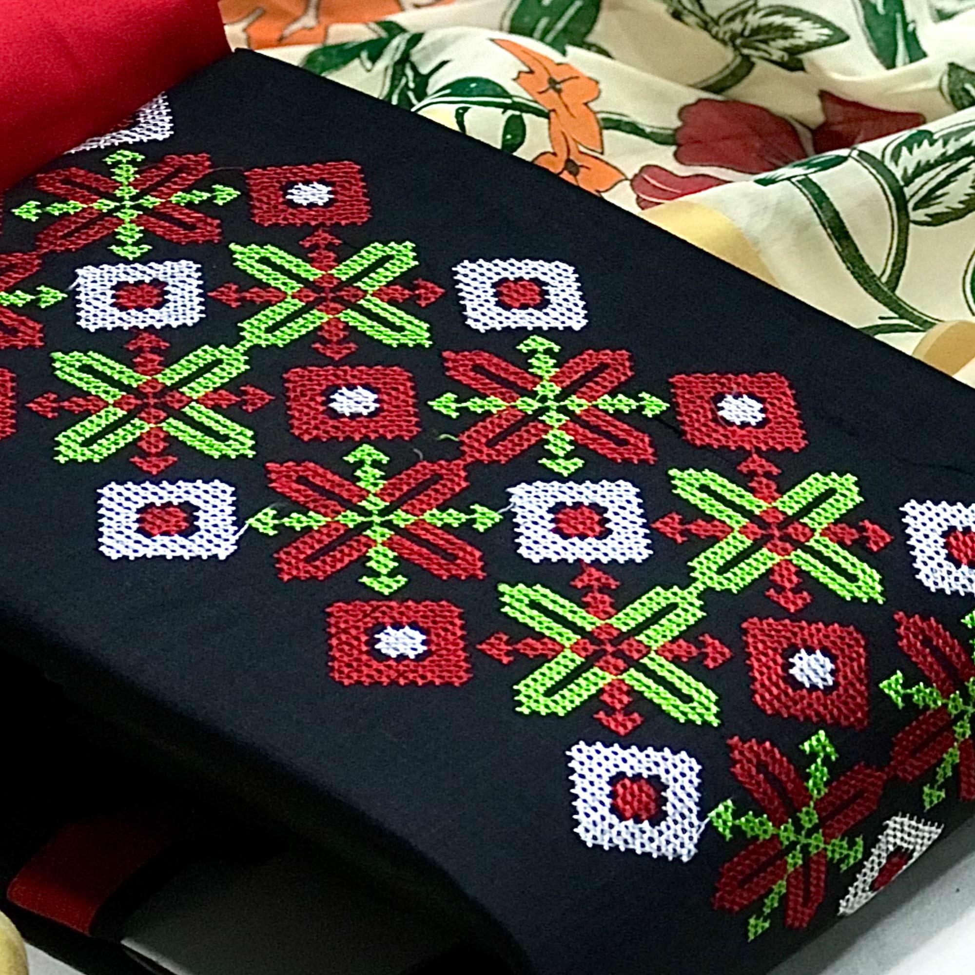 Black Embroidered Pure Cotton Dress Material - Peachmode