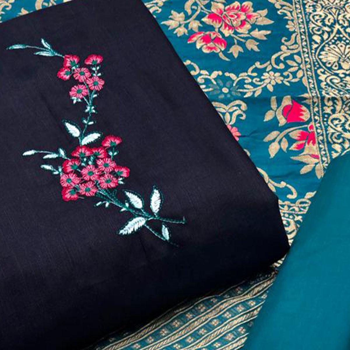 Black Embroidered Pure Cotton Dress Material - Peachmode