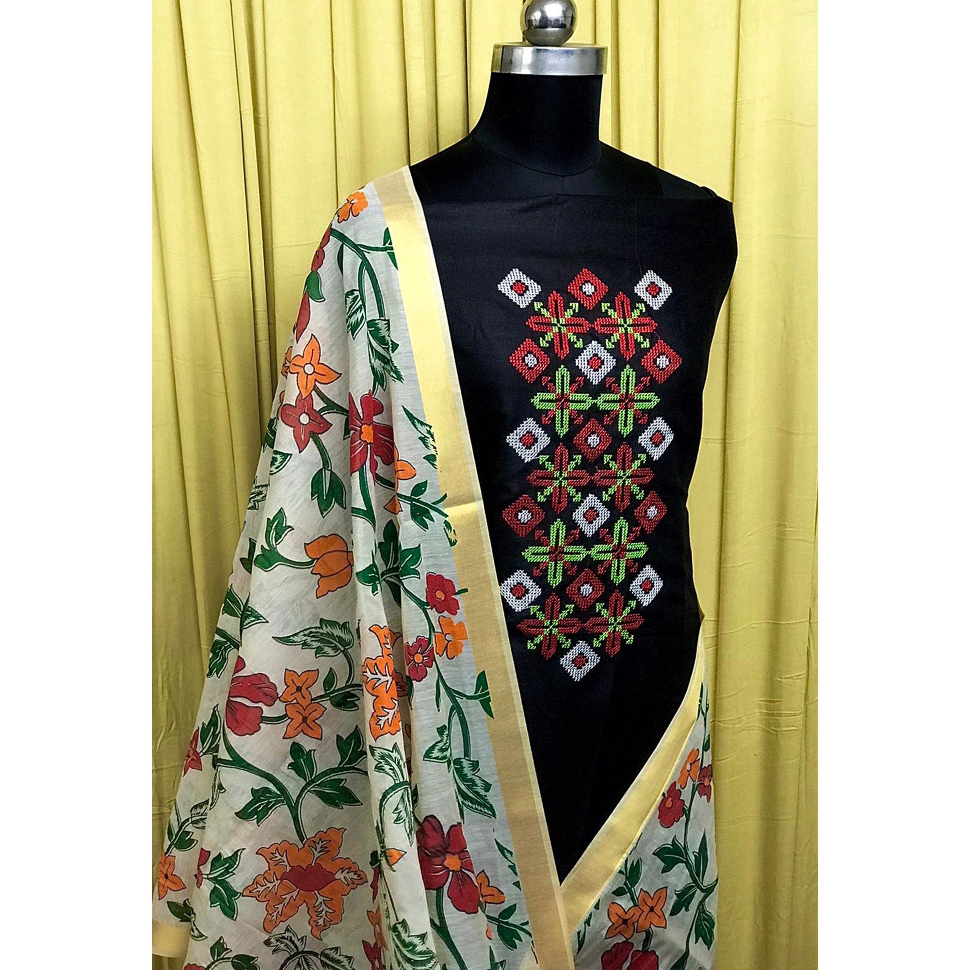 Black Embroidered Pure Cotton Dress Material - Peachmode