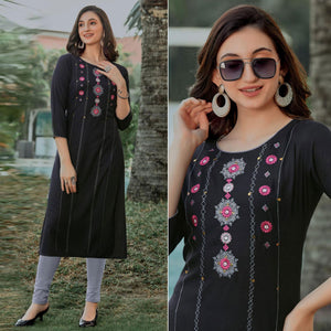 Black Embroidered Pure Cotton Kurti - Peachmode