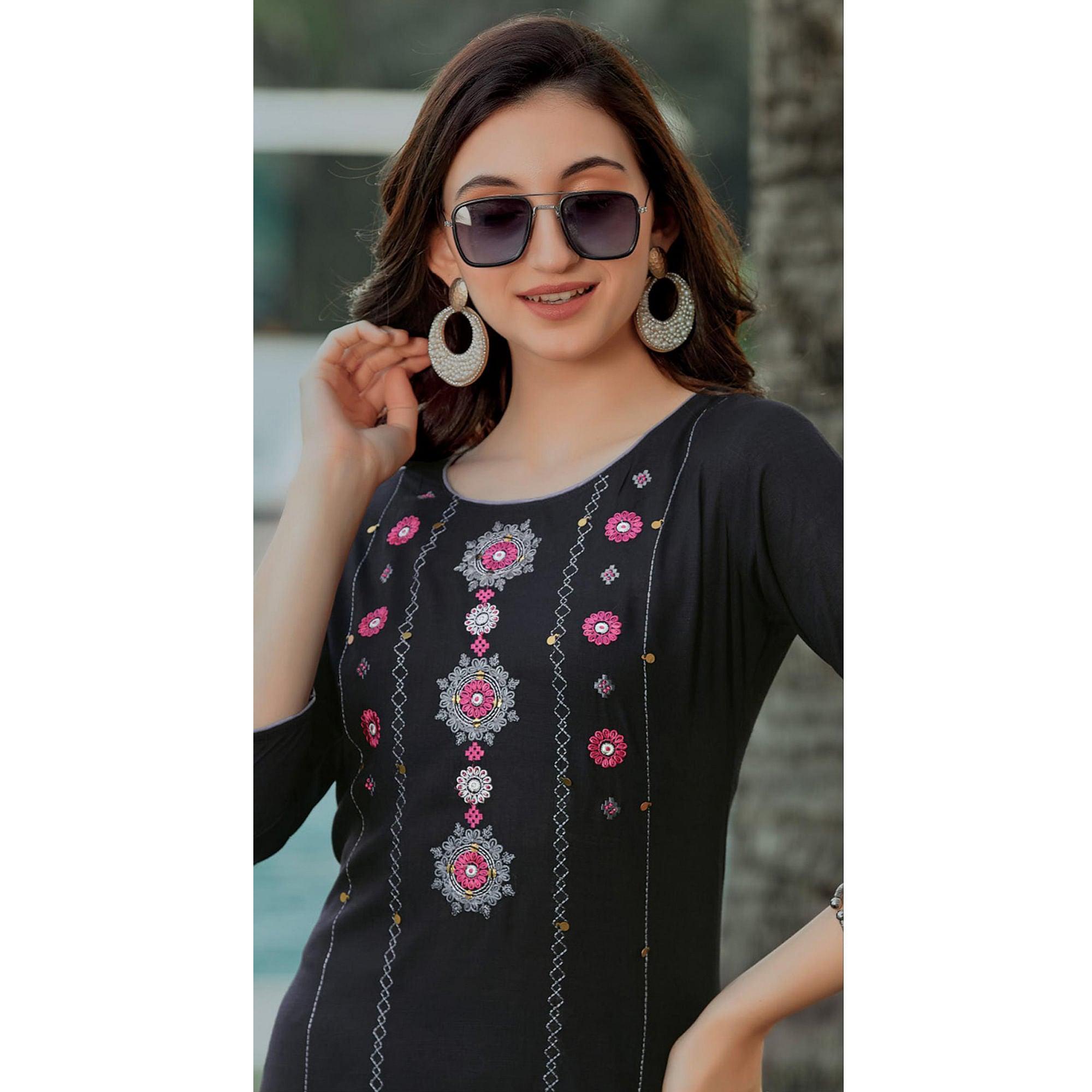 Black Embroidered Pure Cotton Kurti - Peachmode