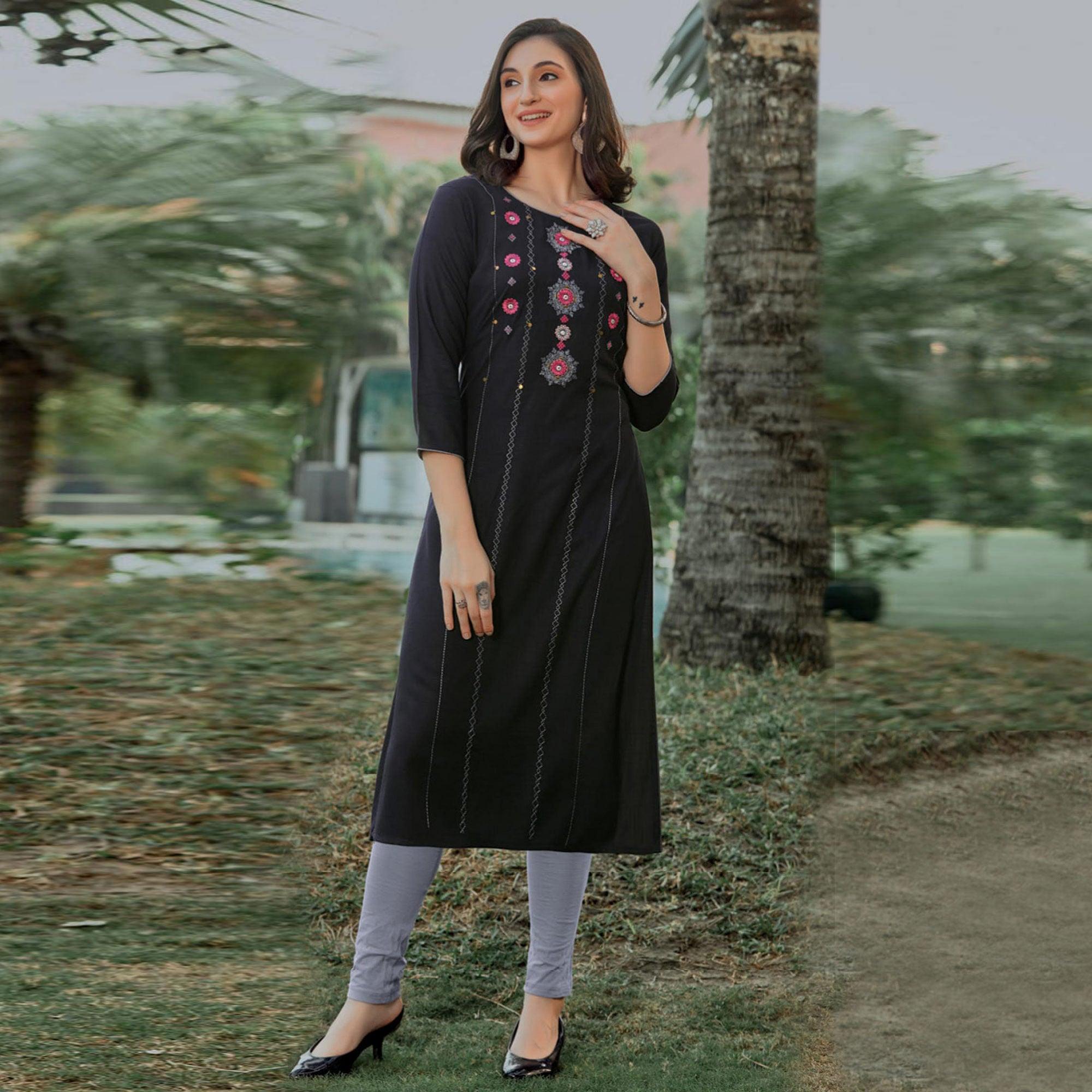 Black Embroidered Pure Cotton Kurti - Peachmode