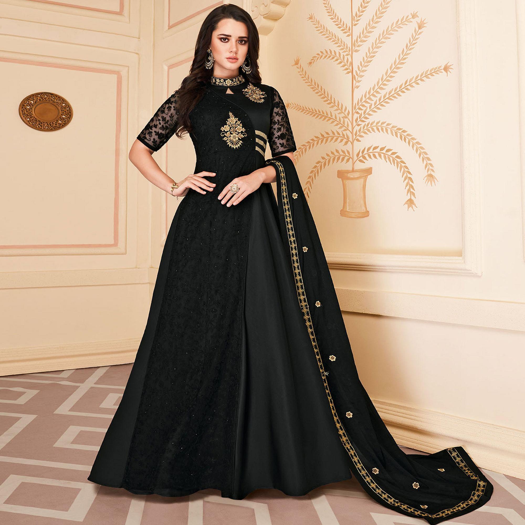Black Embroidered Pure Silk Gown - Peachmode