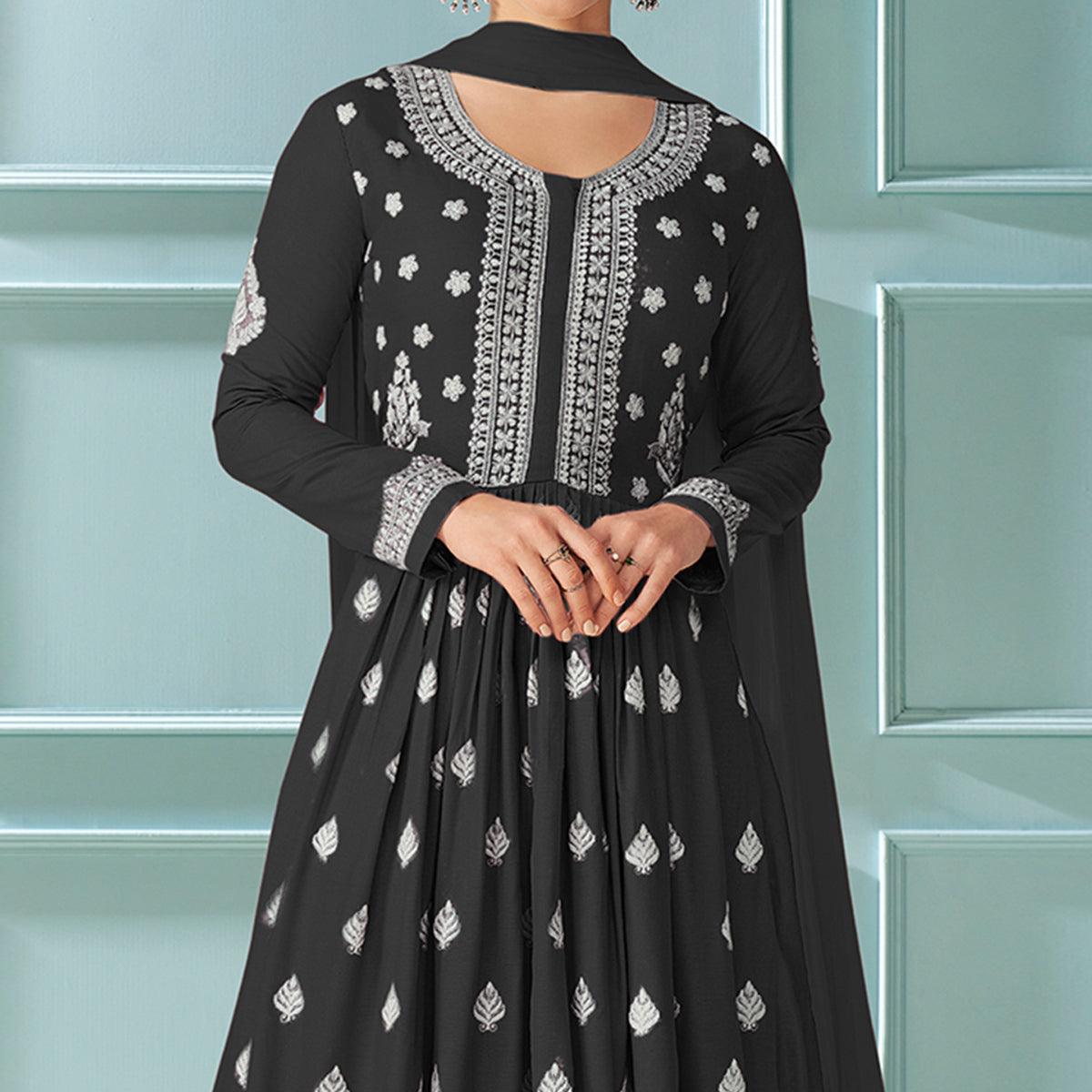 Black Embroidered Rayon Kurti Palazzo Suit - Peachmode