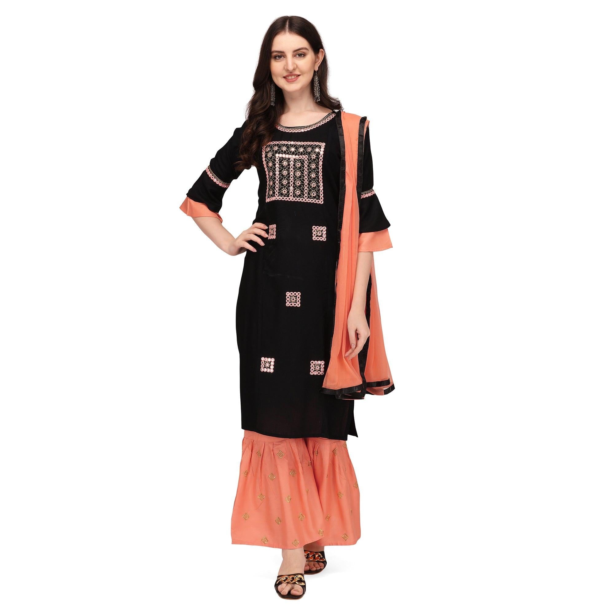 Black Embroidered Rayon Palazzo Suit - Peachmode