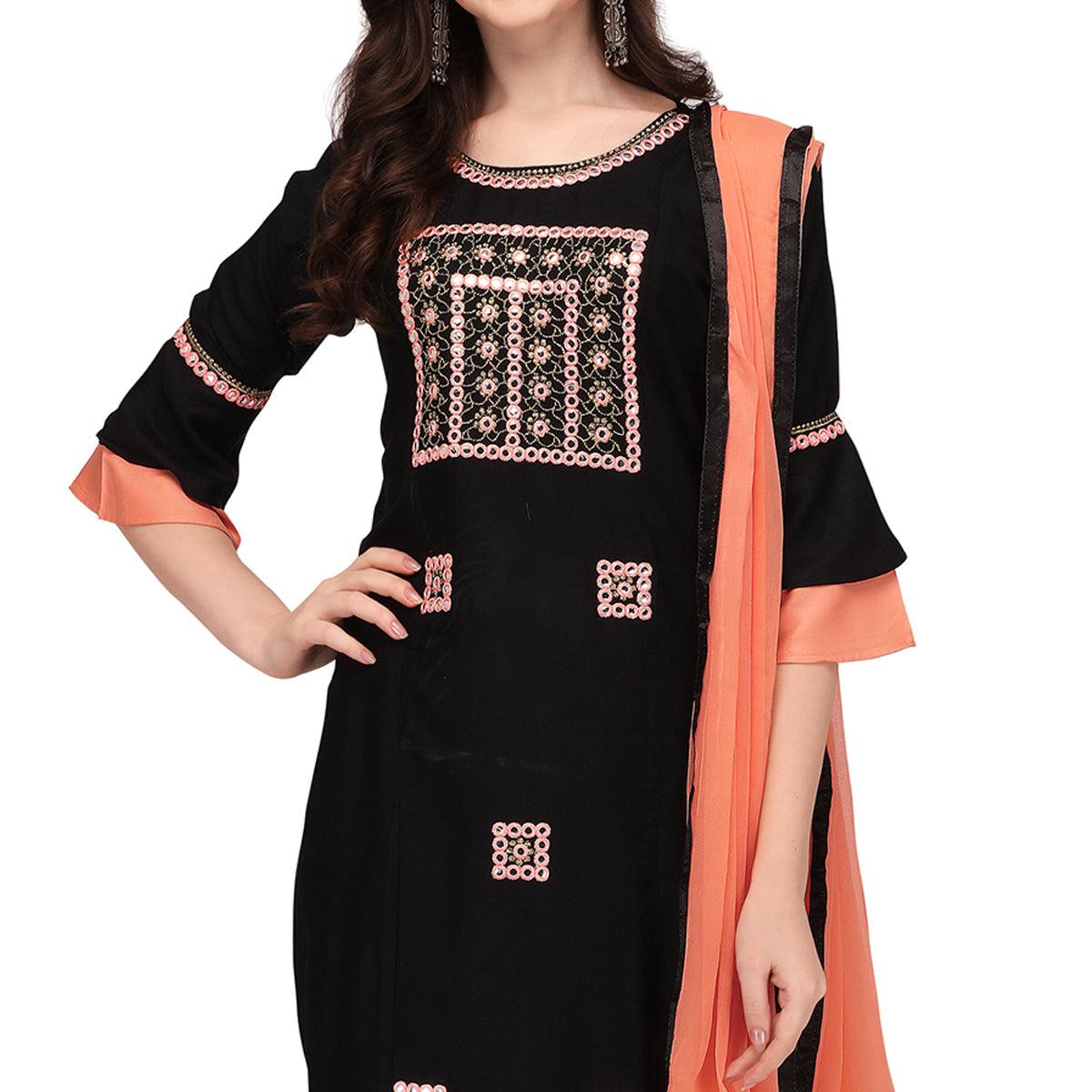Black Embroidered Rayon Palazzo Suit - Peachmode