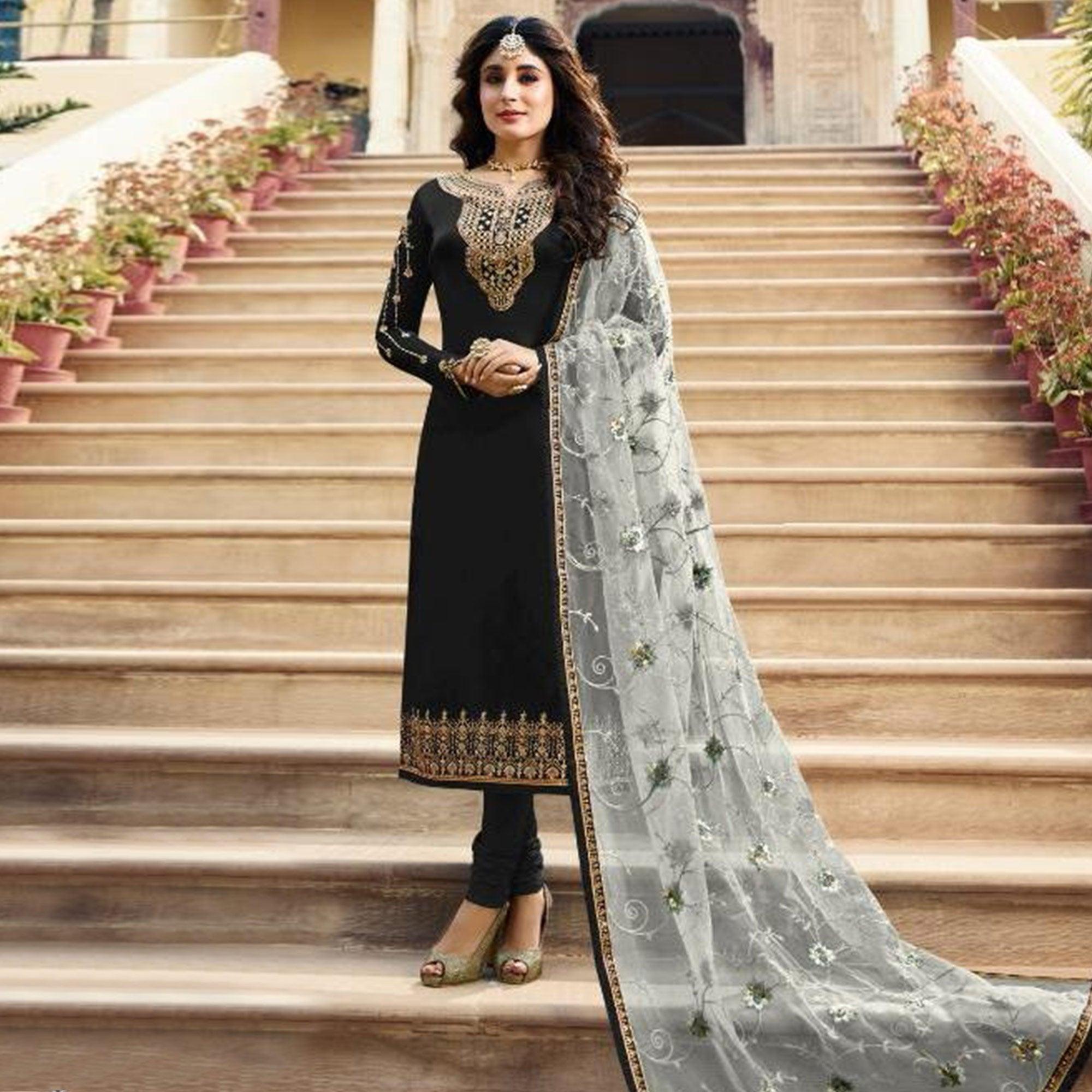 Black Embroidered Satin Georgette Straight Suit - Peachmode