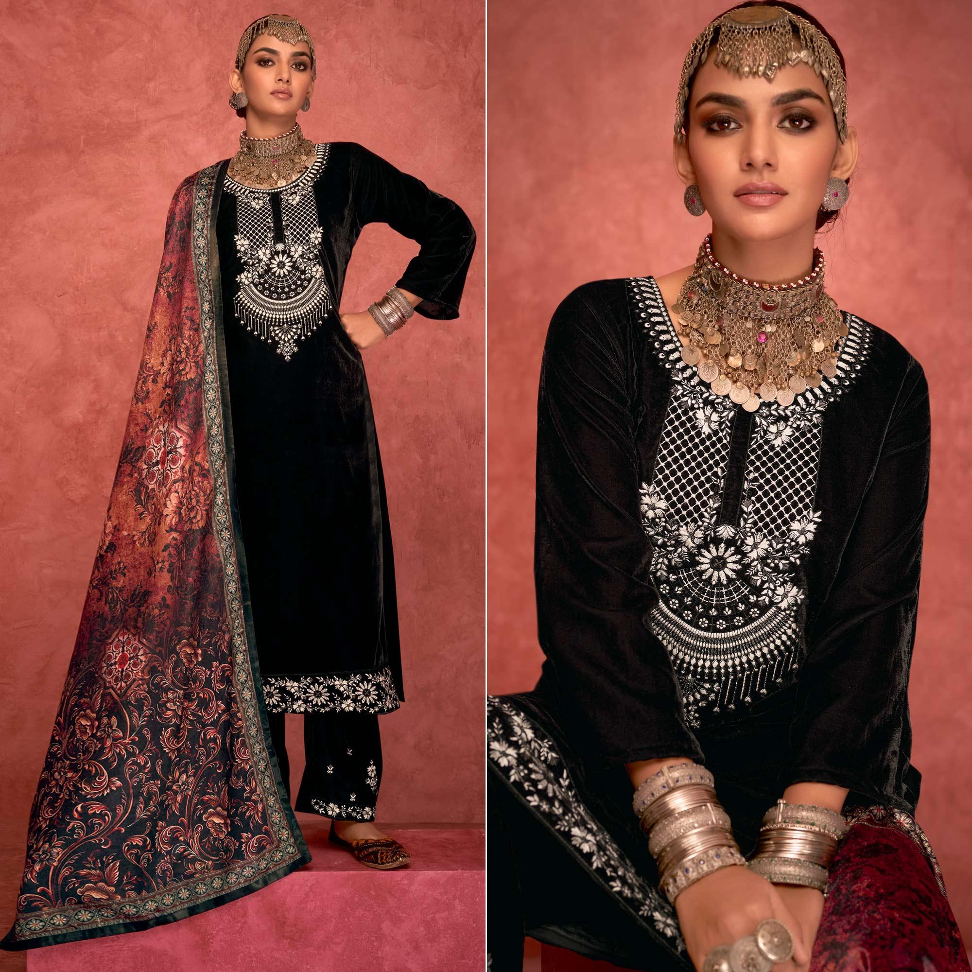 Black Embroidered Velvet Pakistani Suit - Peachmode