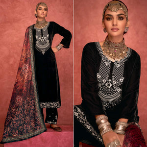 Black Embroidered Velvet Pakistani Suit - Peachmode