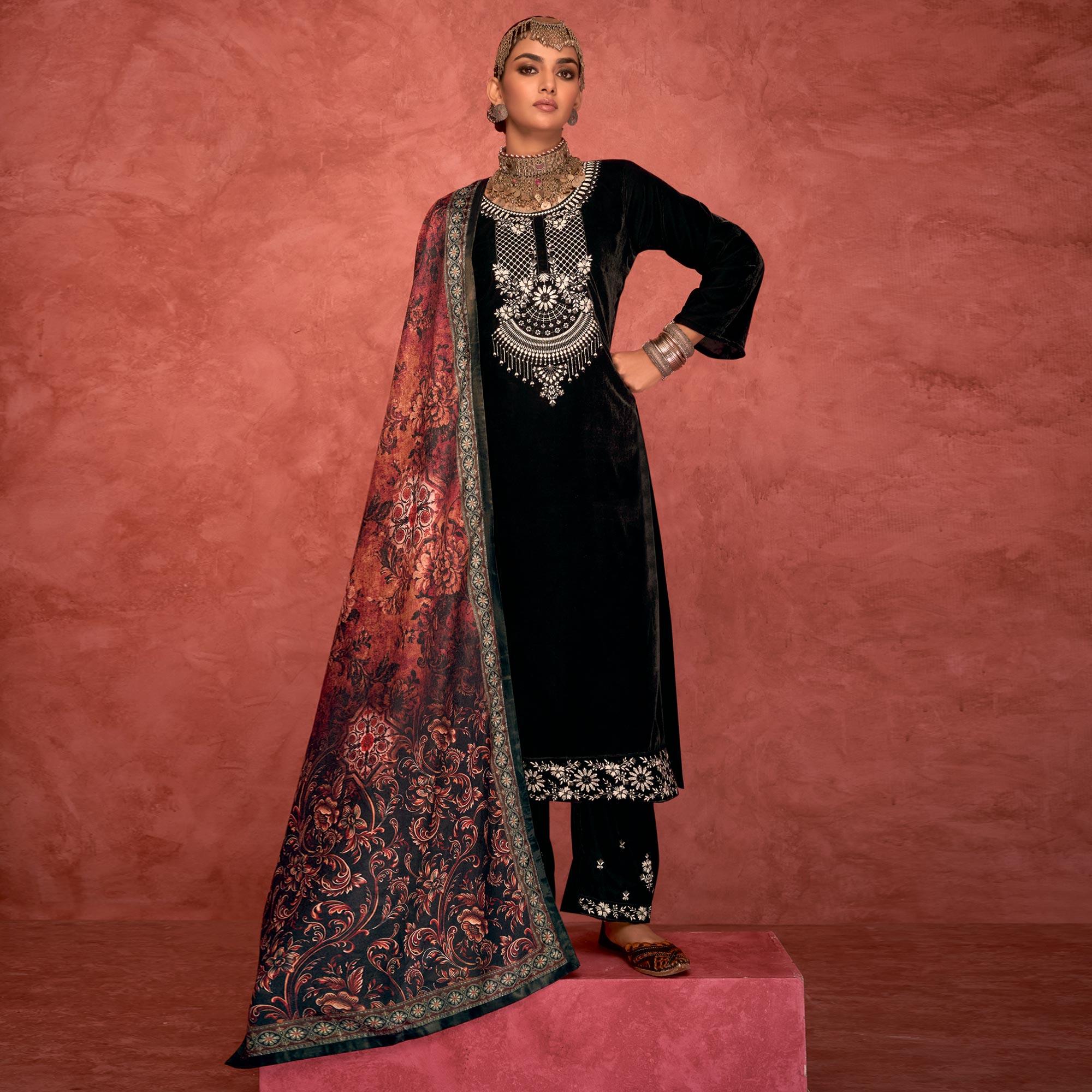 Black Embroidered Velvet Pakistani Suit - Peachmode