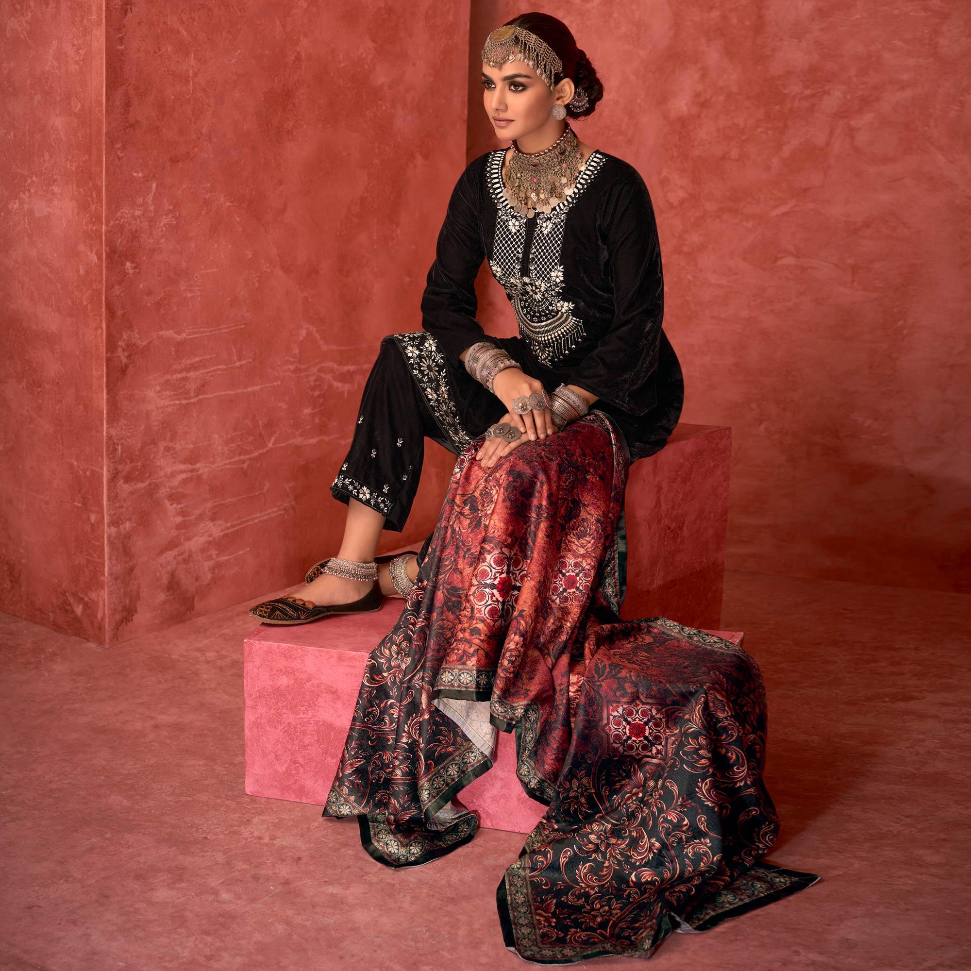 Black Embroidered Velvet Pakistani Suit - Peachmode