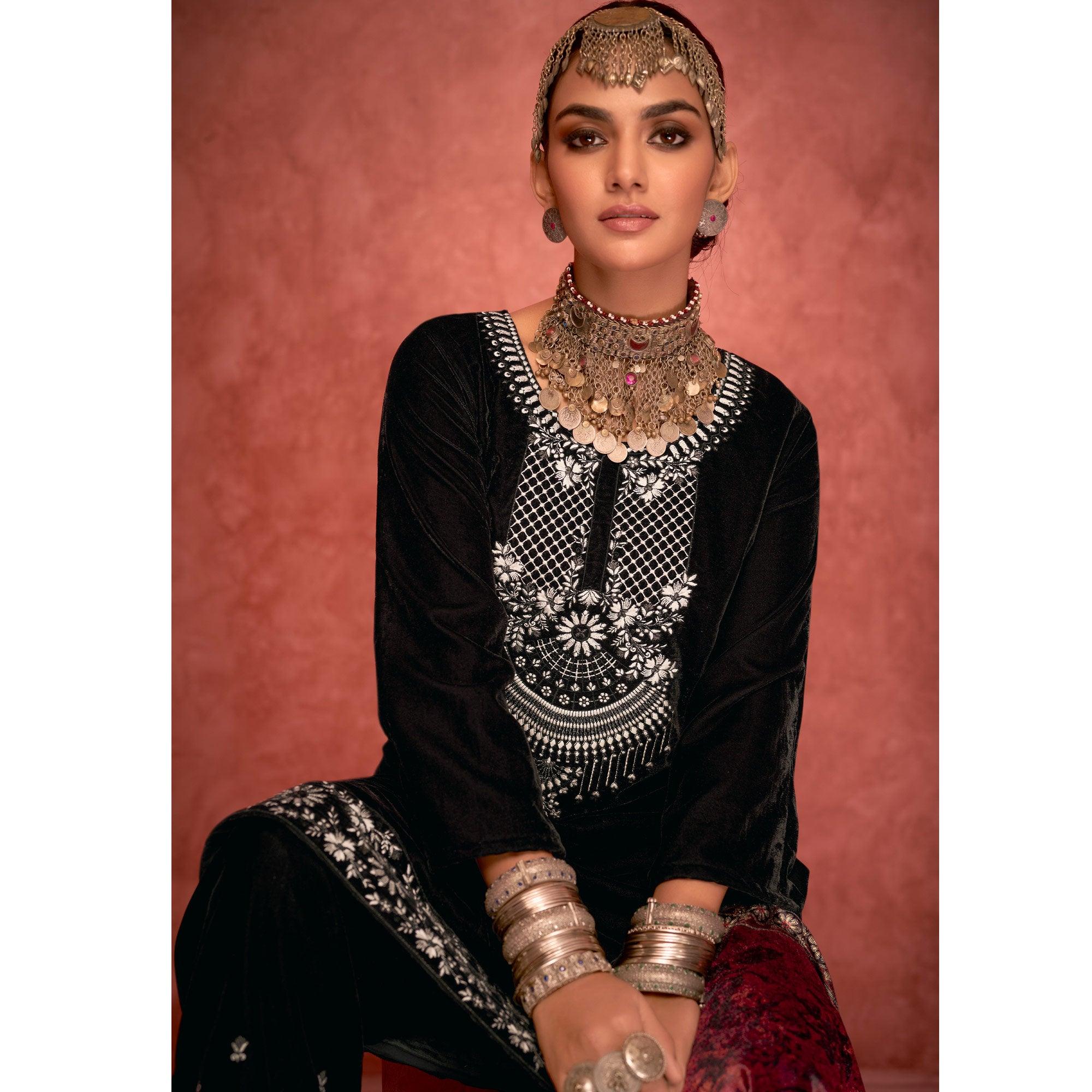 Black Embroidered Velvet Pakistani Suit - Peachmode
