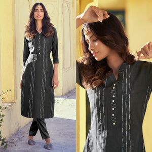 Black Embroidered Viscose Kurti Pant Set - Peachmode