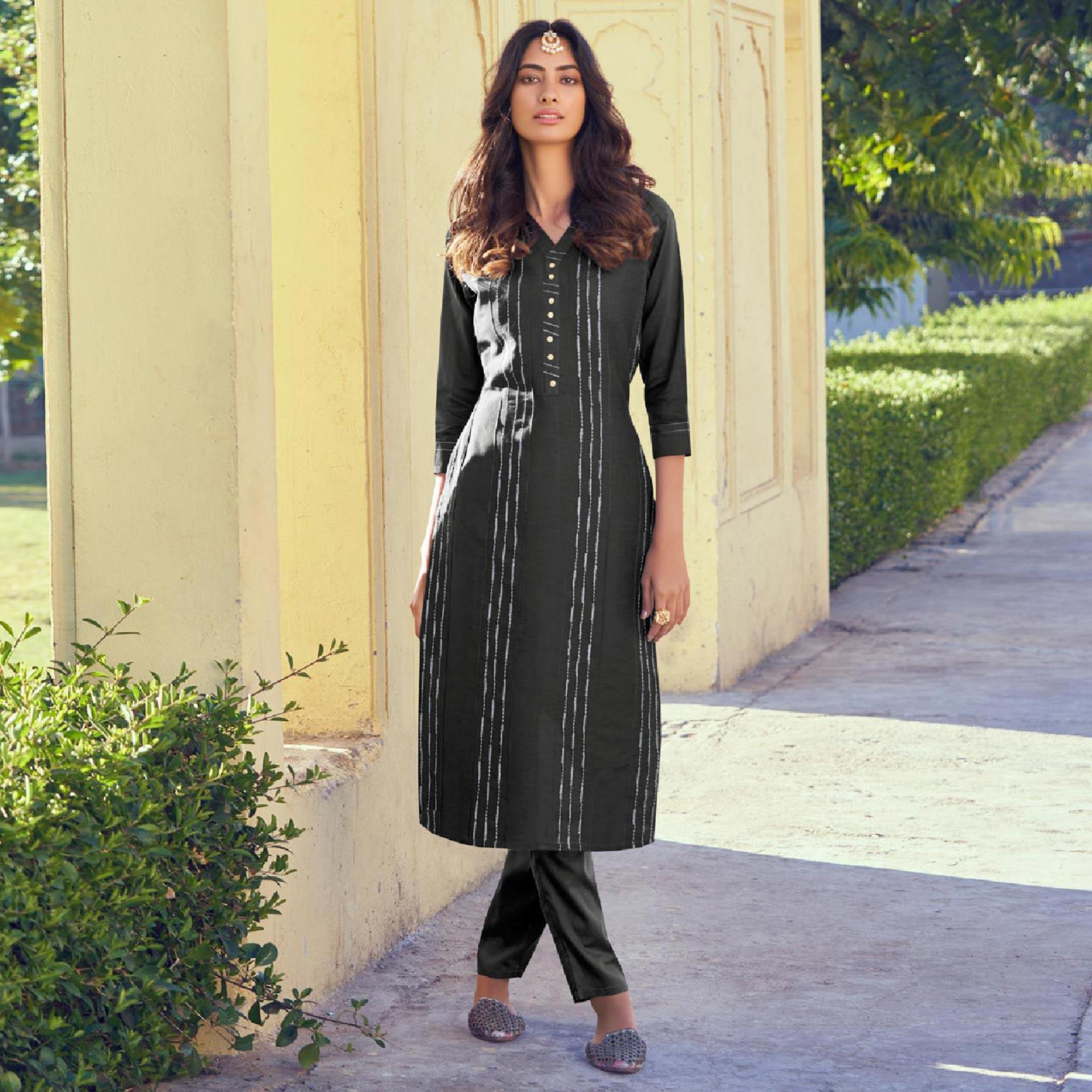 Black Embroidered Viscose Kurti Pant Set - Peachmode