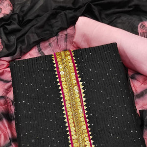 Black Embroidered With Embellished Cotton Blend Dress Material - Peachmode