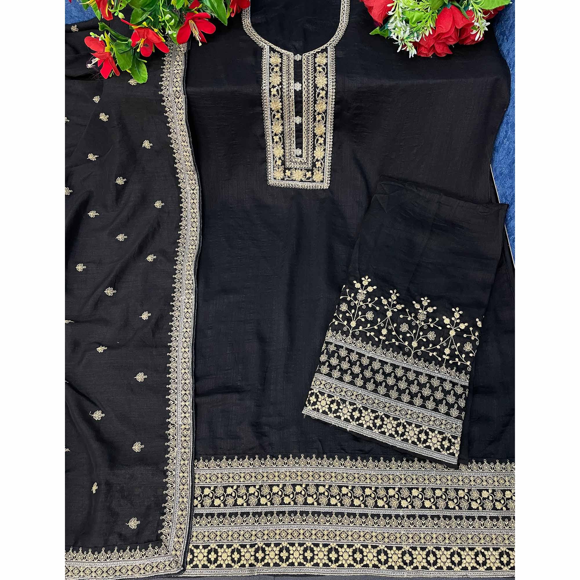 Black Embroidered With Embellished Dola Silk Palazzo Suit - Peachmode