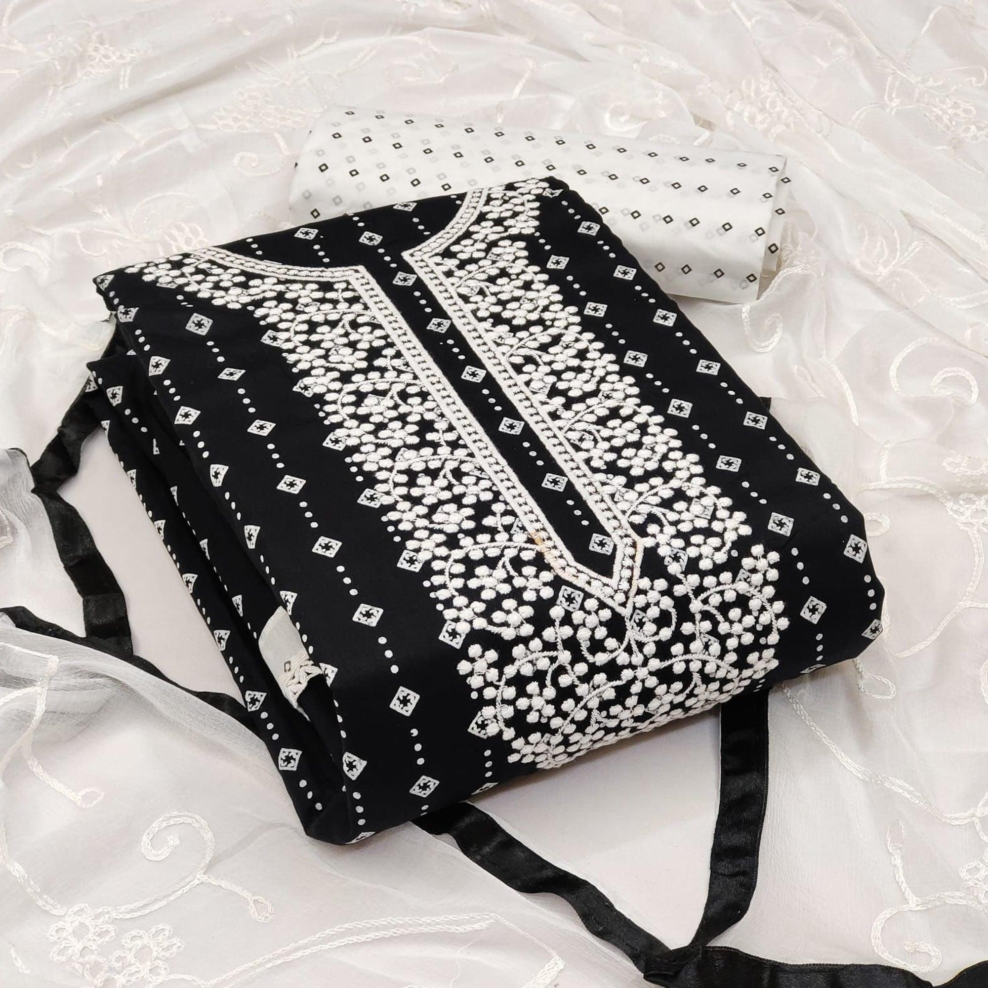 Black Embroidered With Printed Rayon Dress Material - Peachmode