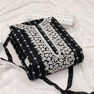 Black Embroidered With Printed Rayon Dress Material - Peachmode