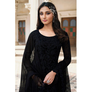 Black Embroidery With Embellished Net Partywear Suit - Peachmode