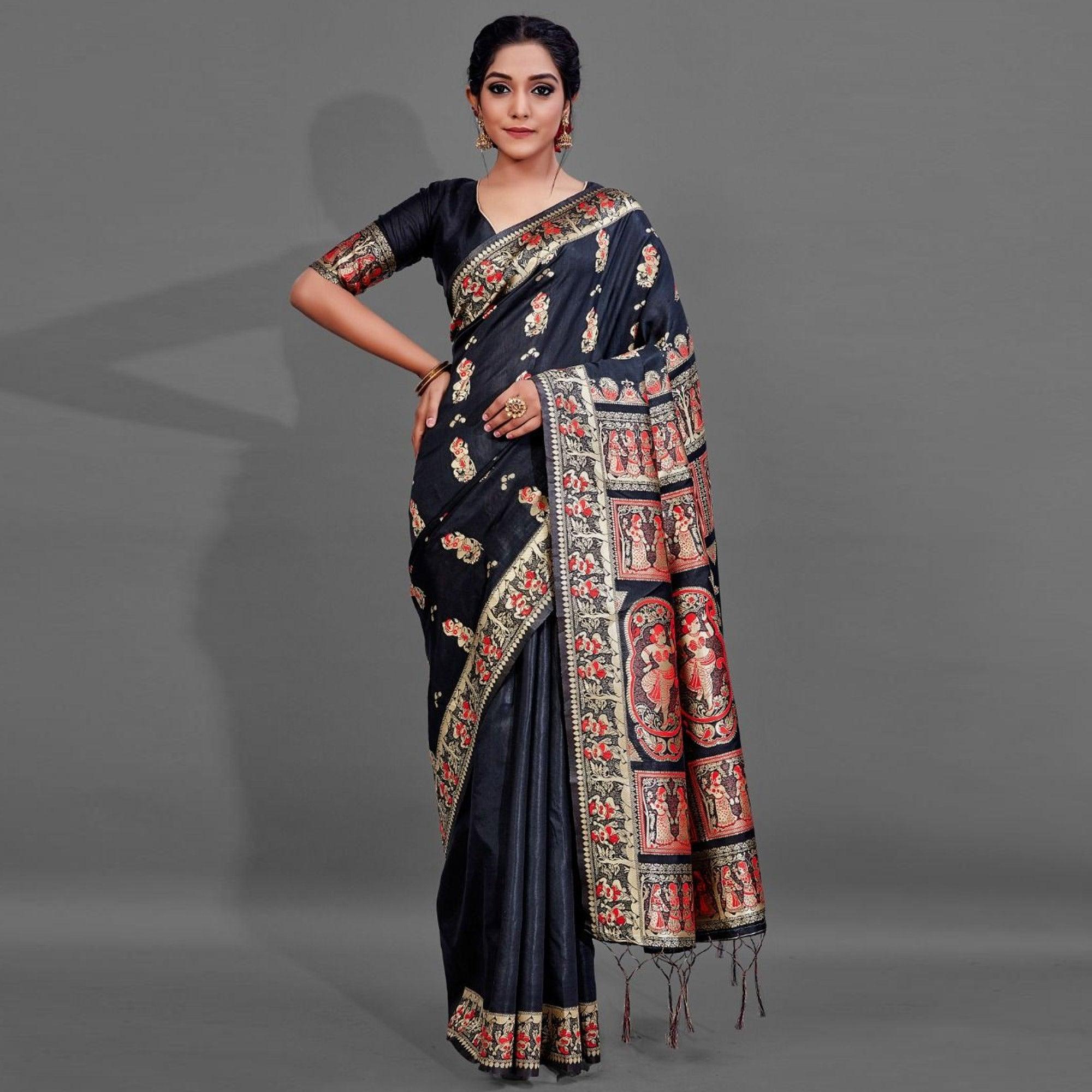 Black Festive Art Silk Saree With Unstitched Blouse - Peachmode