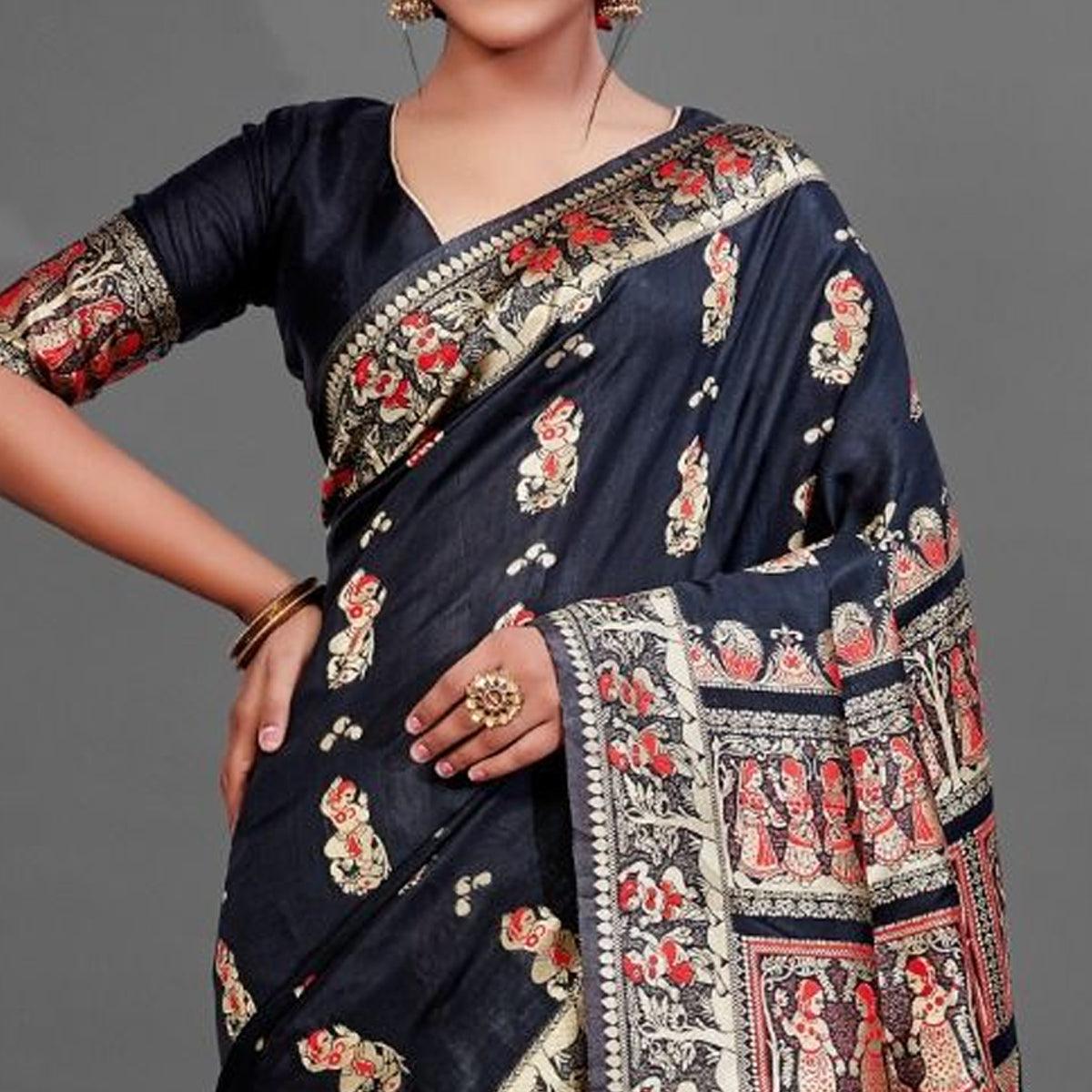 Black Festive Art Silk Saree With Unstitched Blouse - Peachmode