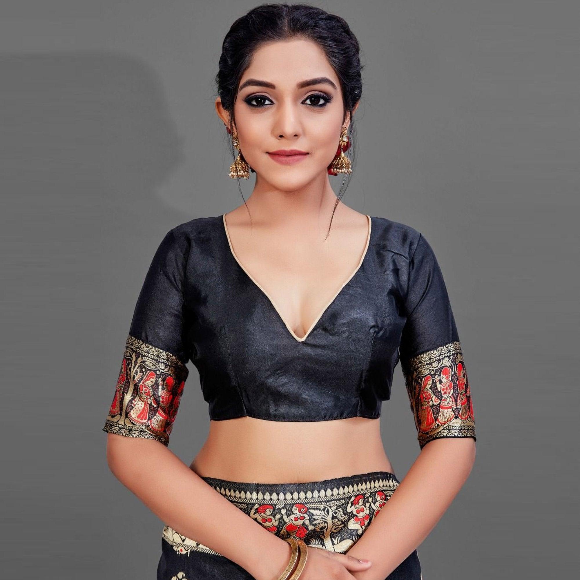 Black Festive Art Silk Saree With Unstitched Blouse - Peachmode