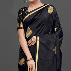 Black Festive Silk Blend Woven Saree With Unstitched Blouse - Peachmode
