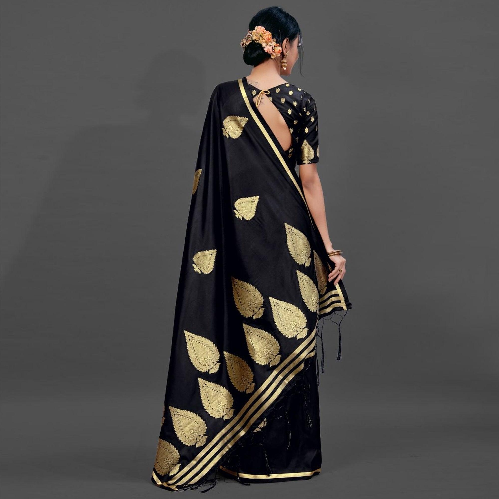 Black Festive Silk Blend Woven Saree With Unstitched Blouse - Peachmode