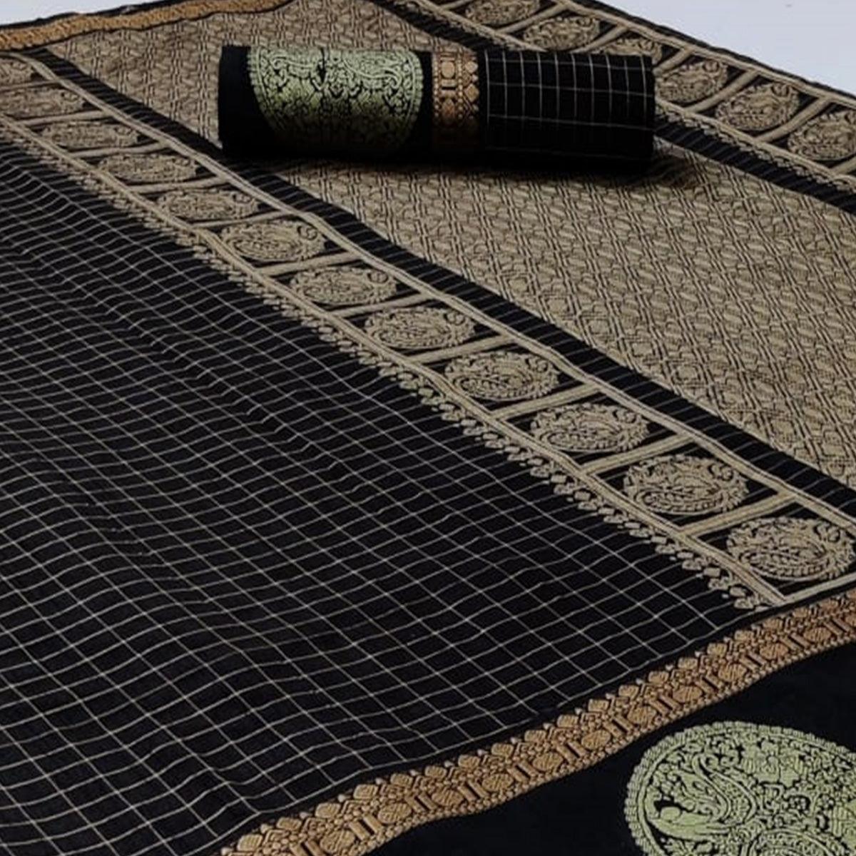 Black Festive Wear Checks Pattern Woven Silk Saree - Peachmode
